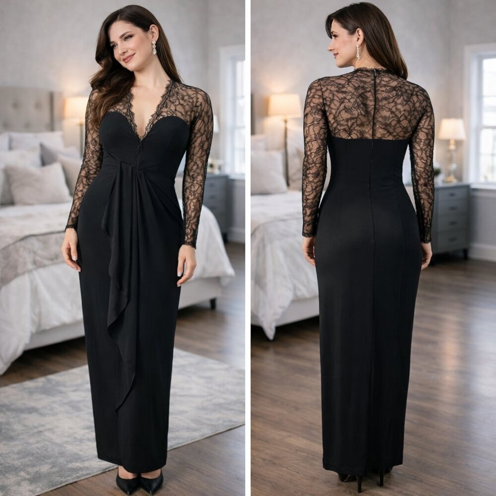 Catherine Malandrino Black Lace Full Sleeved Wrap Gown $330